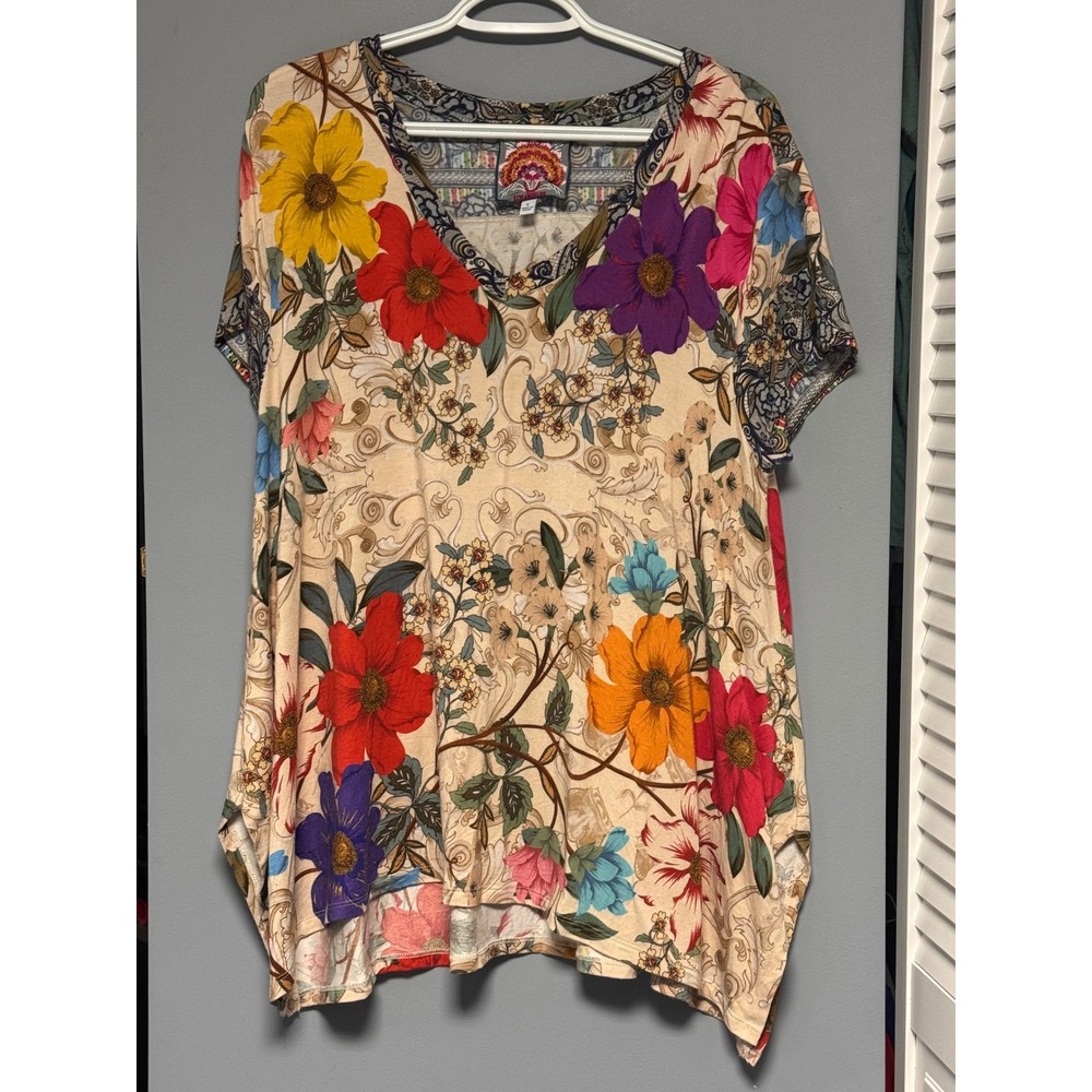 Johnny Was Archibal Drape Floral Bamboo Viscose V-Neck Tunic Top T11923-3 Large